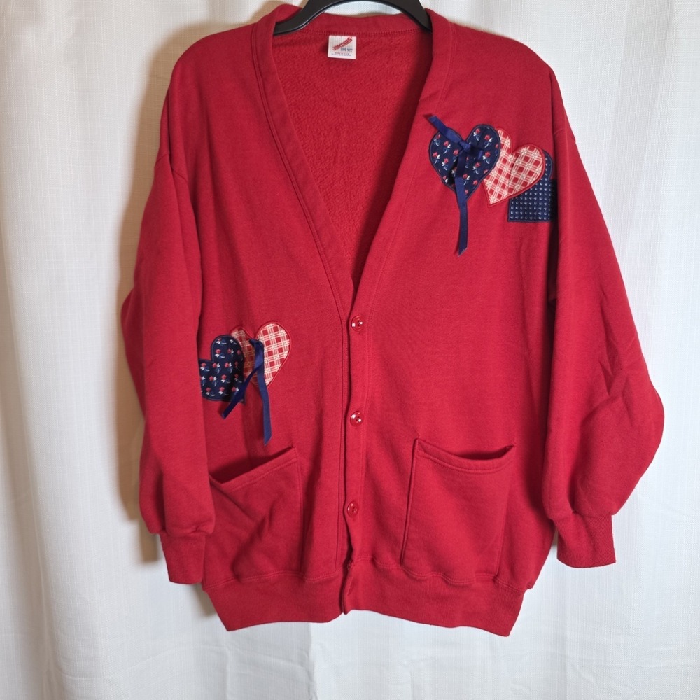 Vintage 90's  Sz LG Red Country Cottage Core Cardigan Fleece USA Americana Heart